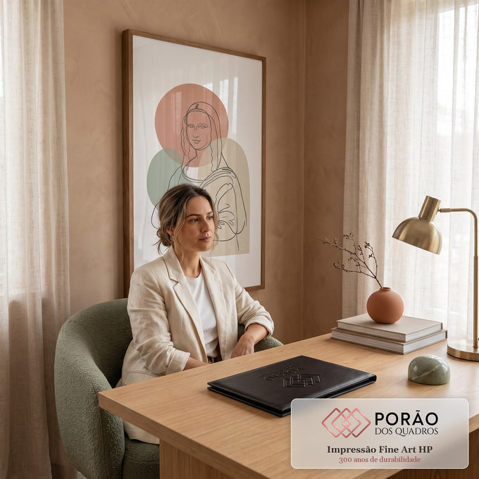 Mona Lisa desenhada em traço contínuo sobre círculo terracota, forma verde e arco bege, quadro decorativo
