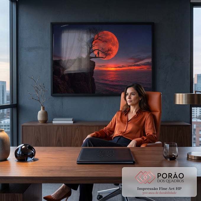 Quadro Decorativo Grande Lua Vermelha Penhasco para Sala | quadros decorativos | silhueta de pessoa e cão em árvore seca com lua vermelha gigante ao fundo | em ambiente 2 | Porao dos Quadros