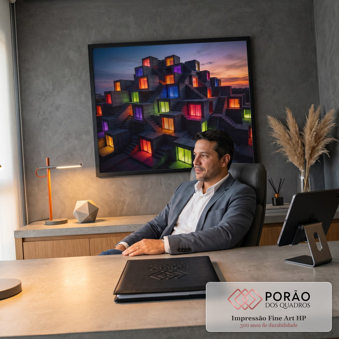 Quadro Decorativo Grande Prédio de Concreto para Sala Cinza | quadros decorativos | construção geométrica de concreto com janelas iluminadas em cores variadas ao entardecer | em ambiente 2 | Porao dos Quadros