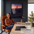 Quadro Decorativo Grande Três Árvores para Sala Laranja | quadros decorativos | silhuetas de três pinheiros contra pôr do sol laranja e rosa com lua crescente | em ambiente 2 | Porao dos Quadros