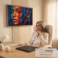 Rosto de mulher em óleo com espátula, azul e laranja, mecha vermelha e respingos dourados, quadro decorativo