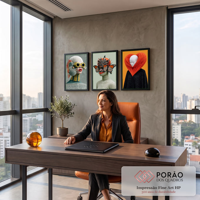 Quadro Decorativo Kit 3 Telas Retratos Surreais para Sala | quadros decorativos | três retratos surreais com peixe-balão, borboletas laranja e fios em forma de coração | em ambiente 2 | Porao dos Quadros