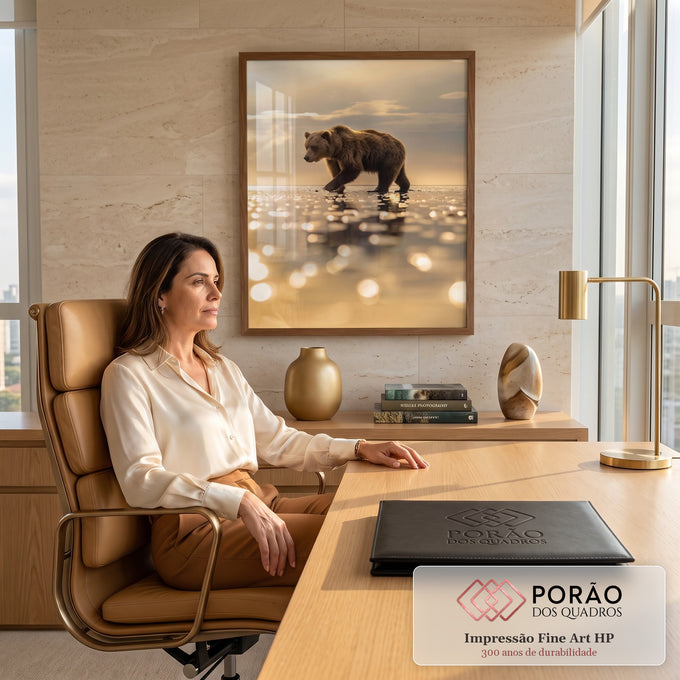 Quadro Decorativo Grande Urso Pardo para Sala Dourado | quadros decorativos | urso pardo caminhando em praia molhada com reflexo dourado do pôr do sol | em ambiente 2 | Porao dos Quadros