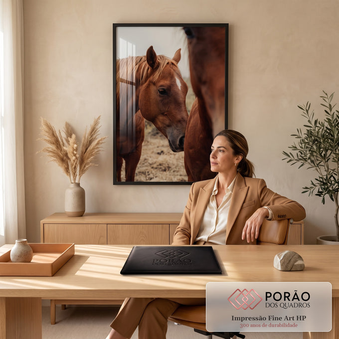 Cavalo alazão de juba loira e estrela branca na testa em fotografia de tons terrosos, quadro decorativo