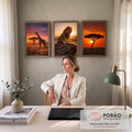 Quadro Decorativo Kit 3 Telas Savana Africana para Sala | quadros decorativos | tríptico com girafa, leão em rocha e árvore acácia ao pôr do sol africano | em ambiente 2 | Porao dos Quadros