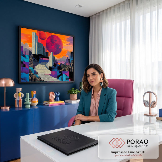 Quadro Decorativo Grande Escadaria Futurista para Sala | quadros decorativos | escadaria branca futurista com dois planetas coloridos em céu laranja | em ambiente 2 | Porao dos Quadros