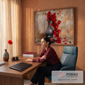 Quadro Decorativo Grande Papoulas Pétalas para Sala Vermelho | quadros decorativos | vaso azul com papoulas vermelhas ao lado de xícara de café sobre fundo rústico | em ambiente 2 | Porao dos Quadros