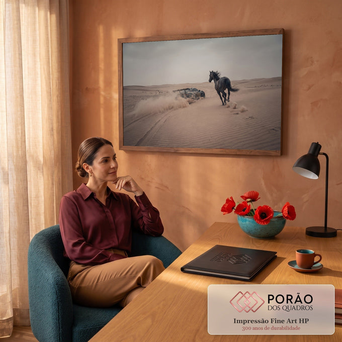 Cavalo negro galopando ao lado de carro esportivo levantando areia nas dunas do deserto, quadro decorativo