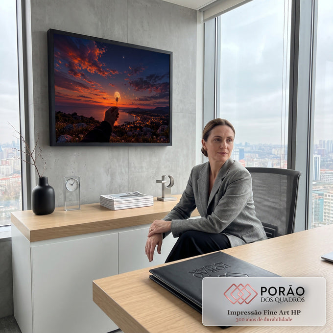 Quadro Decorativo Grande Dente de Leão Lua para Sala | quadros decorativos | mão segurando dente-de-leão à frente da lua cheia sobre pôr do sol e cidade litorânea | em ambiente 2 | Porao dos Quadros