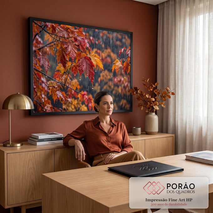 Folhas de bordo vermelhas e laranja com gotas de chuva sobre fundo de floresta outonal, quadro decorativo