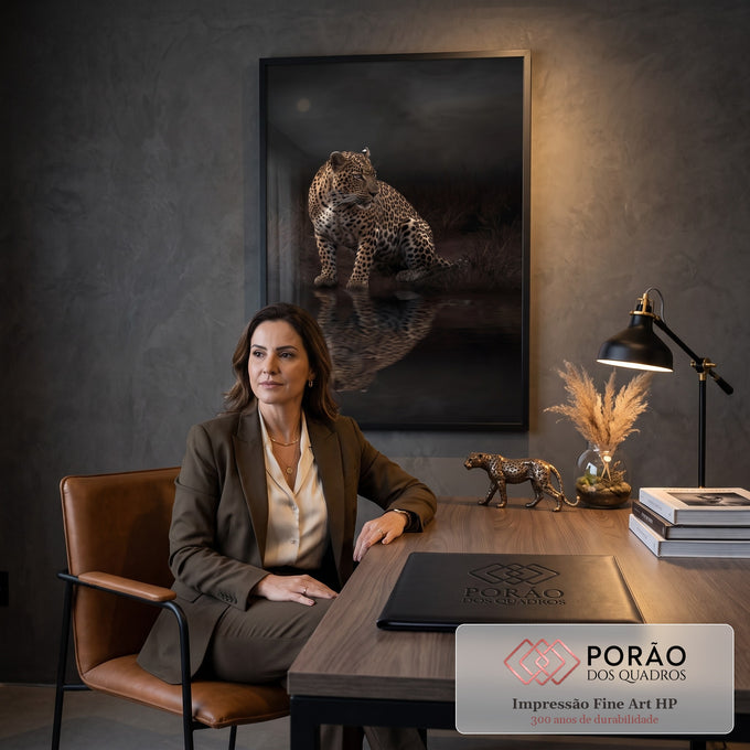 Leopardo sentado à beira d'água sob a lua, com reflexo na água escura, quadro decorativo