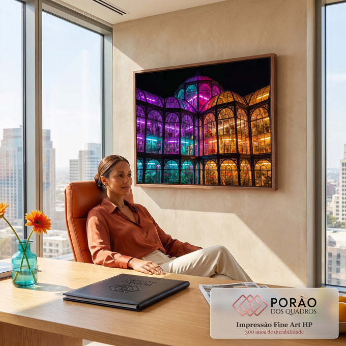 Quadro Decorativo Grande Estufa Vitoriana para Sala Roxo | quadros decorativos | estufa vitoriana iluminada por luzes neon roxas, rosas e laranjas à noite | em ambiente 2 | Porao dos Quadros