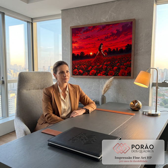 Mulher de vestido vermelho caminhando em campo de papoulas ao pôr do sol vermelho, quadro decorativo