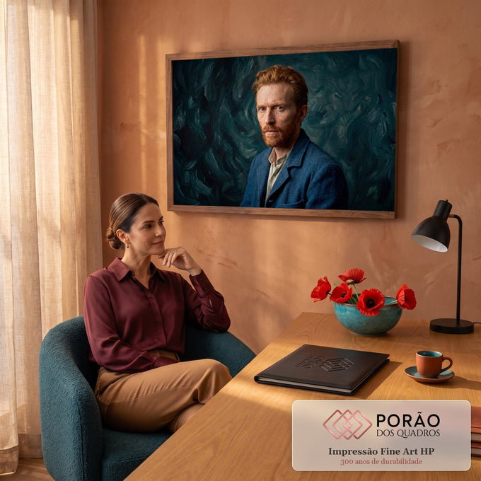 Quadro Decorativo Grande Retrato de Homem para Sala Azul | quadros decorativos | retrato de homem ruivo de barba contra fundo azul com pinceladas sinuosas | em ambiente 2 | Porao dos Quadros