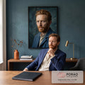 Quadro Decorativo Grande Retrato de Homem para Sala Azul | quadros decorativos | retrato de homem ruivo de barba cheia com jaqueta azul e fundo espiralado escuro | em ambiente 2 | Porao dos Quadros