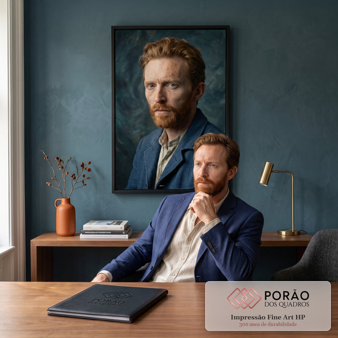 Quadro Decorativo Grande Retrato de Homem para Sala Azul | quadros decorativos | retrato de homem ruivo de barba cheia com jaqueta azul e fundo espiralado escuro | em ambiente 2 | Porao dos Quadros