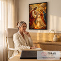 Quadro Decorativo Grande Primeira Comunhão para Sala Dourado | quadros decorativos | Jesus dá comunhão a uma menina ajoelhada ao lado de Nossa Senhora, fundo dourado fragmentado | em ambiente 2 | Porao dos Quadros
