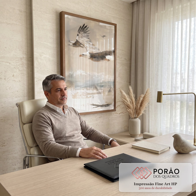 Quadro Decorativo Águia Careca em Voo Estilo Pintura | quadros decorativos | águia careca em voo pintada em tons marrom e bege com fundo abstrato | em Quadros para Escritorio | Porao dos Quadros