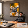 Quadro Decorativo Grande Carro Preto para Sala Cinza | quadros decorativos | carro esportivo cinza escuro visto através de folhas amarelas ao pôr do sol | em ambiente 2 | Porao dos Quadros