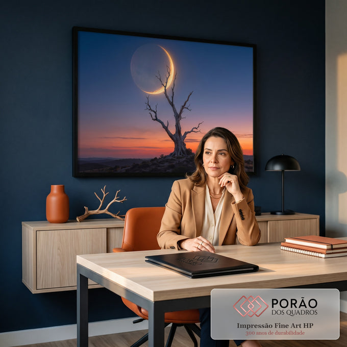 Quadro Decorativo Grande Árvore Seca Lua Dourada para Sala | quadros decorativos | árvore seca silhuetada contra lua crescente dourada em céu de pôr do sol | em ambiente 2 | Porao dos Quadros