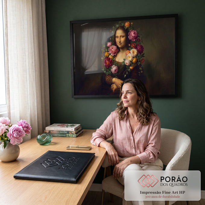 Mona Lisa com coroa de peônias, rosas e hera sobre fundo verde escuro em pintura a óleo, quadro decorativo