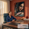 Quadro Decorativo Retrato de Mulher com Véu Azul e Joias | quadros decorativos | retrato de mulher com véu azul bordado, joias douradas e olhar baixo, pintura texturizada | em Quadros para Quarto | Porao dos Quadros