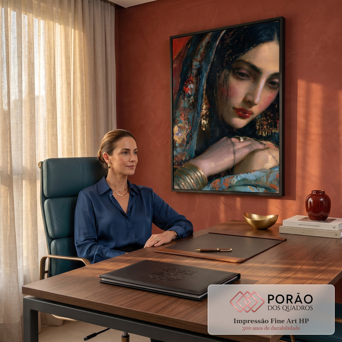 Quadro Decorativo Retrato de Mulher com Véu Azul e Joias | quadros decorativos | retrato de mulher com véu azul bordado, joias douradas e olhar baixo, pintura texturizada | em Quadros para Quarto | Porao dos Quadros