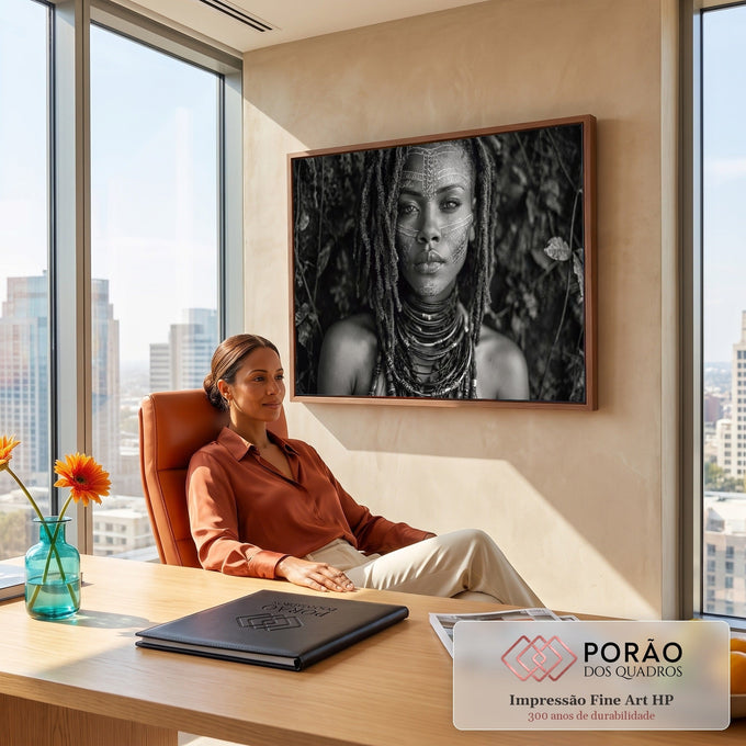 Quadro Decorativo Grande Mulher Tribal para Sala Preto | quadros decorativos | retrato em preto e branco de mulher com pintura facial tribal geométrica e colares em espiral | em ambiente 2 | Porao dos Quadros