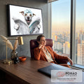 Cachorro sorridente com toalha azul na cabeça e óculos brancos lendo jornal, quadro decorativo