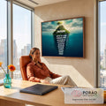 Ilha verde com árvores sobre o mar e frases motivacionais do sucesso submersas, quadro decorativo