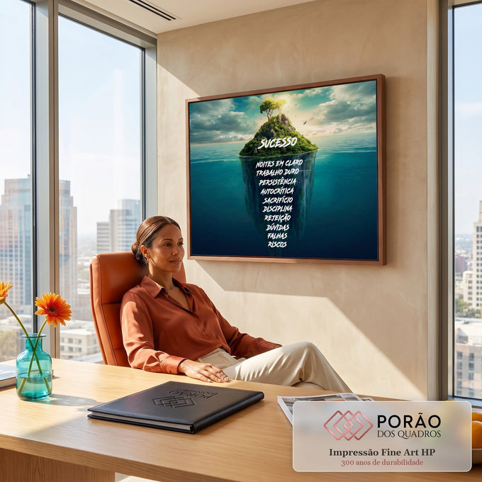 Ilha verde com árvores sobre o mar e frases motivacionais do sucesso submersas, quadro decorativo
