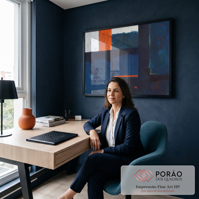 Quadro Decorativo Grande Abstrato Azul para Sala | quadros decorativos | pintura abstrata em blocos de azul marinho, branco e laranja com faixa de horizonte | em ambiente 2 | Porao dos Quadros