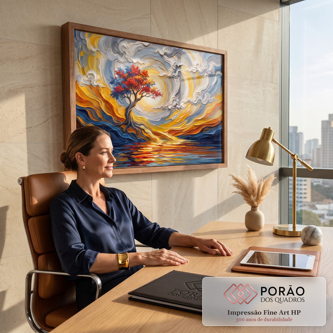 Quadro Decorativo Grande Árvore Solitária para Sala Dourado | quadros decorativos | árvore de folhas vermelhas e azuis sob céu dourado em espiral, refletida na água | em ambiente 2 | Porao dos Quadros