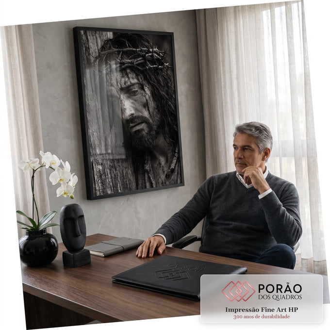 Quadro Decorativo Grande Jesus Preto e Branco para Sala | quadros decorativos | homem com coroa de espinhos e sangue no rosto em retrato preto e branco | em ambiente 2 | Porao dos Quadros