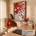 Quadro Decorativo Árvore Vermelha com Pássaros em Textura | quadros decorativos | árvore florida vermelha e laranja em textura com dois pássaros pousados nos galhos | em Quadros para Escritorio | Porao dos Quadros