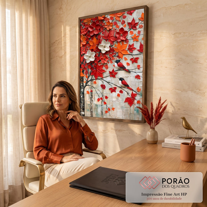 Quadro Decorativo Árvore Vermelha com Pássaros em Textura | quadros decorativos | árvore florida vermelha e laranja em textura com dois pássaros pousados nos galhos | em Quadros para Escritorio | Porao dos Quadros