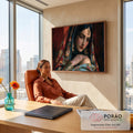 Mulher indiana de véu vermelho bordado, maang tikka e pulseiras douradas em pintura a óleo, quadro decorativo