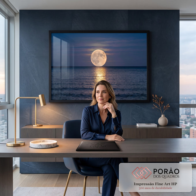 Quadro Decorativo Grande Lua Cheia Dourada Azul para Sala | quadros decorativos | lua cheia dourada refletida no mar sob céu azul escuro com nuvens coloridas | em ambiente 2 | Porao dos Quadros