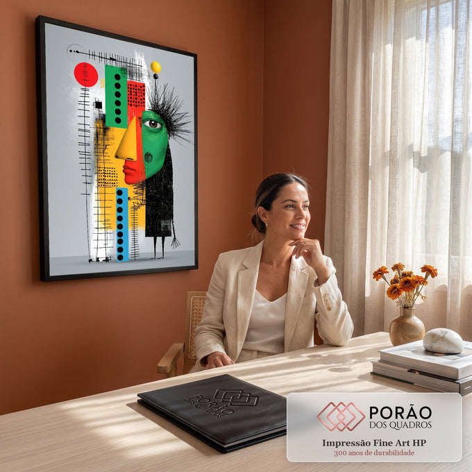 Quadro Decorativo Grande Rosto Cubista para Sala Verde | quadros decorativos | rosto cubista de perfil em verde, vermelho e amarelo com formas geométricas coloridas | em ambiente 2 | Porao dos Quadros