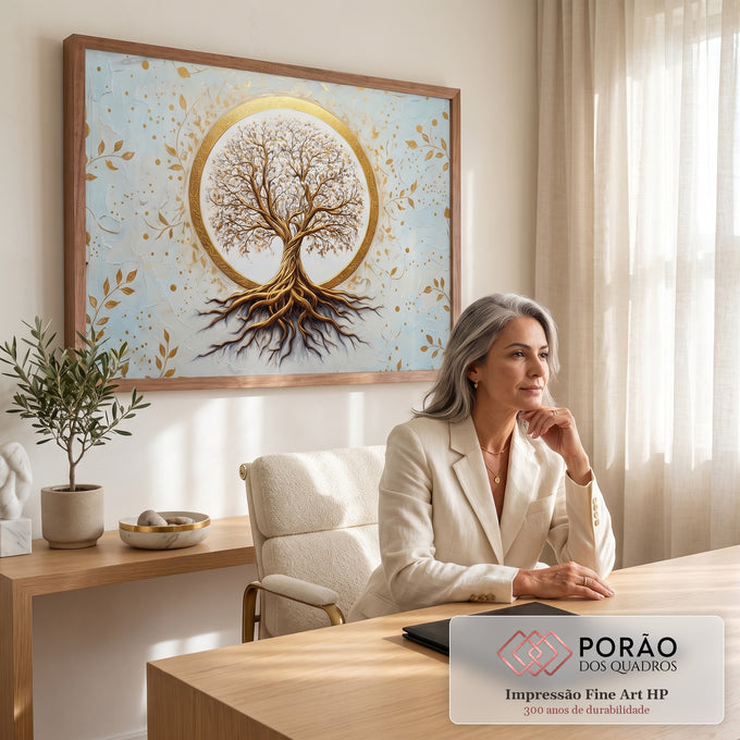 Árvore da Vida dourada com raízes dentro de círculo de ouro sobre fundo claro com folhas, quadro decorativo