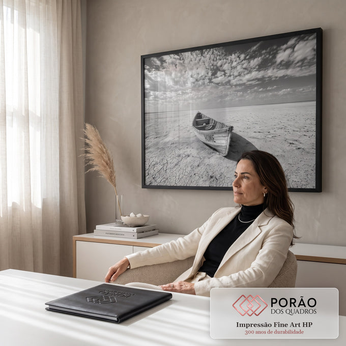 Quadro Decorativo Grande Barco com Palavra para Sala Preto | quadros decorativos | barco de madeira encalhado em terra rachada com a palavra home, céu nublado em preto e branco | em ambiente 2 | Porao dos Quadros