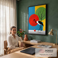 Quadro Decorativo Grande Ave Preta para Sala Vermelho | quadros decorativos | ave preta e branca diante de círculos coloridos vermelho, verde e amarelo com árvore seca | em ambiente 2 | Porao dos Quadros
