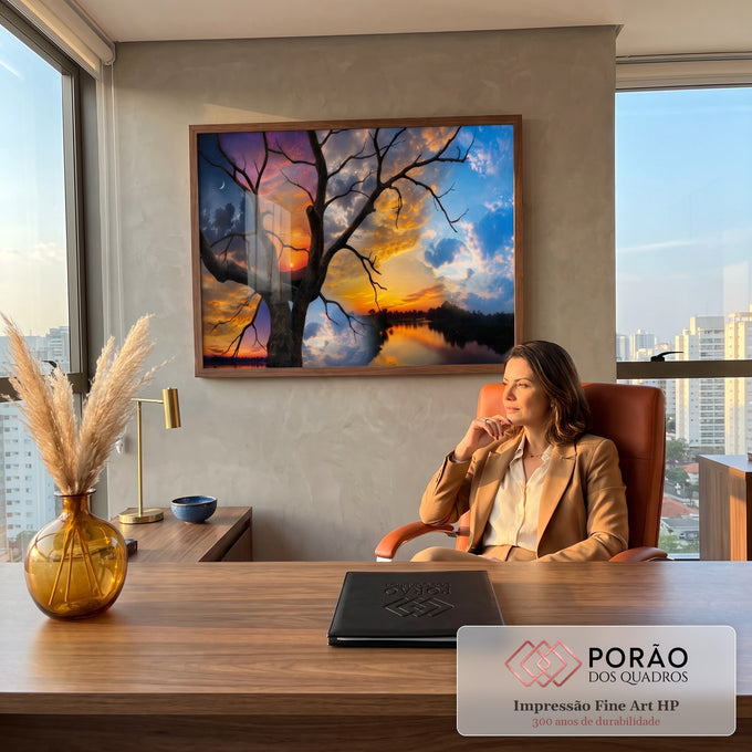 Quadro Decorativo Grande Árvore Seca Laranja para Sala | quadros decorativos | árvore seca em silhueta contra céu dividido entre pôr do sol, lua e nuvens azuis | em ambiente 2 | Porao dos Quadros