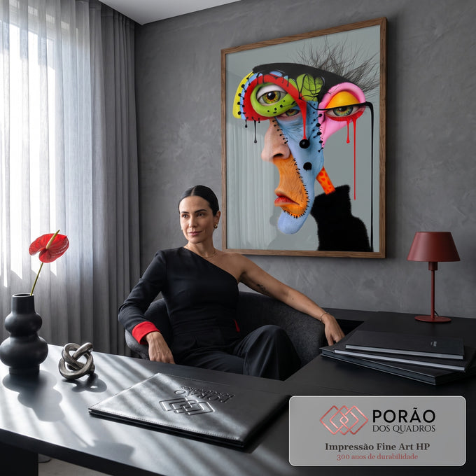 Rosto surreal com retalhos coloridos, três olhos, costuras e gotas pretas e vermelhas, quadro decorativo