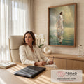 Quadro Decorativo Grande Jesus Caminhando Milagre para Sala | quadros decorativos | Jesus de túnica branca caminhando sobre a água com reflexo e luz suave ao fundo | em ambiente 2 | Porao dos Quadros