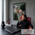 Casal estilizado em 3D se beijando, homem de pele com poás e mulher de suéter vermelho, quadro decorativo