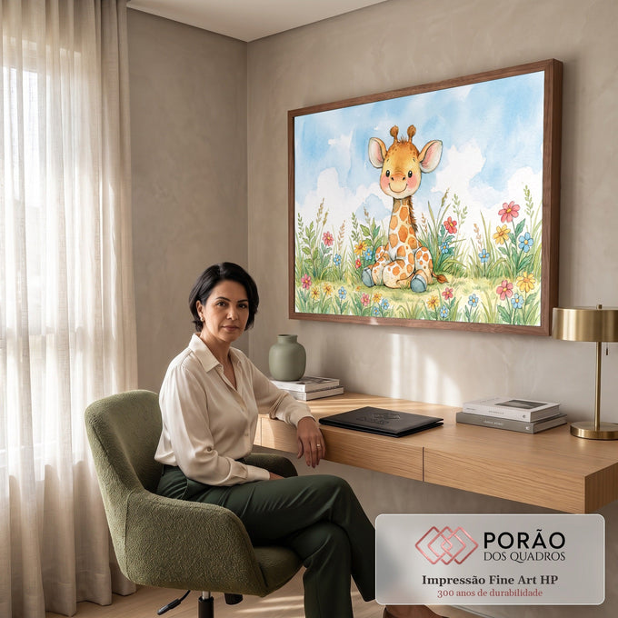 Quadro Decorativo Grande Girafinha Grama para Quarto de Bebê | quadros decorativos | girafinha de aquarela sentada em campo florido sob céu azul | em ambiente 2 | Porao dos Quadros