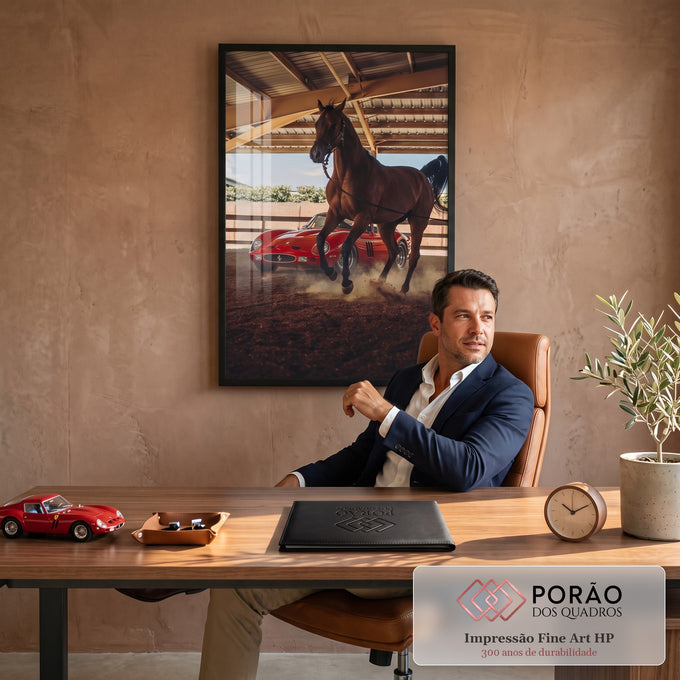 Cavalo alazão trotando na poeira à frente de carro esportivo vermelho clássico em galpão, quadro decorativo