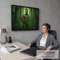 Quadro Decorativo Grande Arqueiro Guerreiro para Sala Verde | quadros decorativos | guerreiro arqueiro em trajes verdes segurando arco e flecha numa floresta densa | em ambiente 2 | Porao dos Quadros