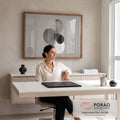 Quadro Decorativo Grande Composição para Sala Preto | quadros decorativos | círculos sobrepostos em preto, branco e cinza com padrão de linhas em arco | em ambiente 2 | Porao dos Quadros